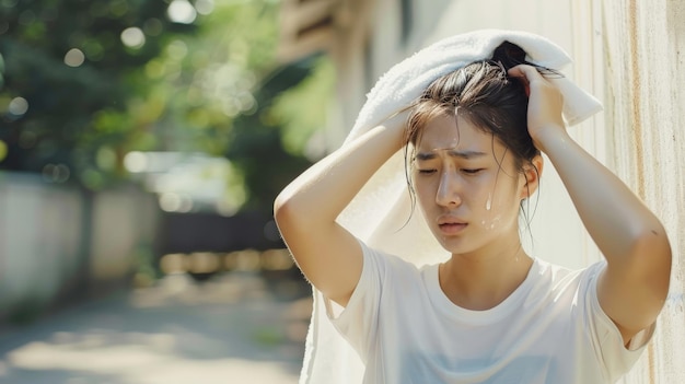 Une femme asiatique stressée sèche sa sueur avec un chiffon par une chaude journée d'été.