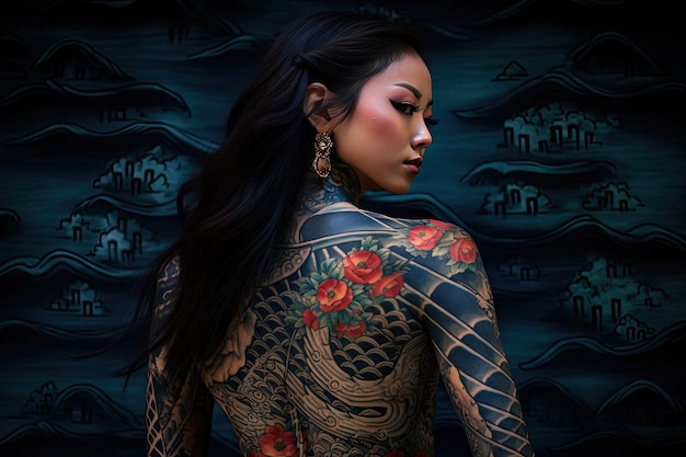 femme asiatique, à, tatouage, sur, elle, dos