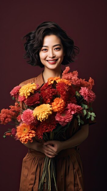 Femme asiatique tenant un fleuriste de bouquet de fleurs