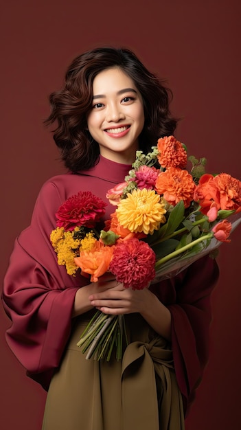 Femme asiatique tenant un fleuriste de bouquet de fleurs