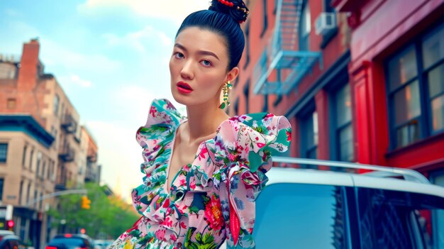 Photo une femme asiatique avec un top à motifs floraux