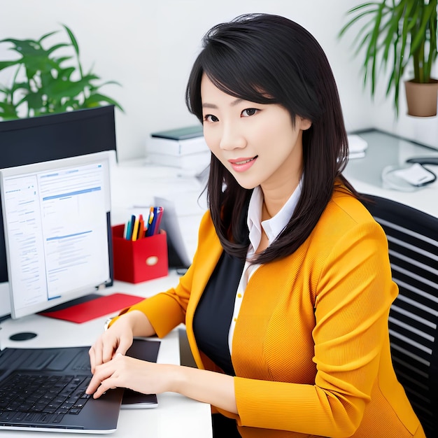 Femme asiatique travaillant au bureau art génératif par IA