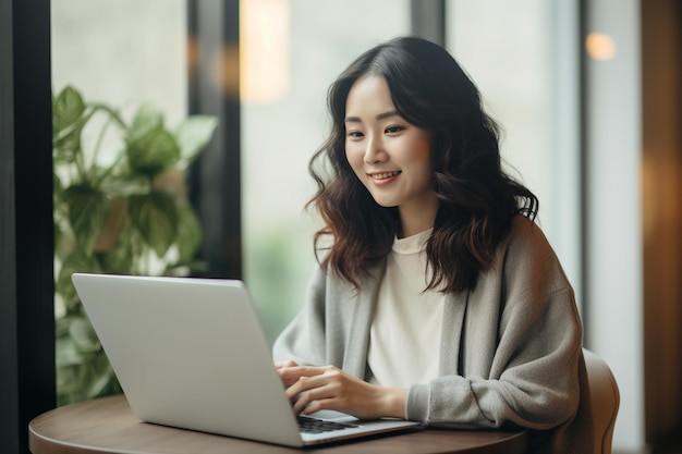 femme asiatique, travailler, ordinateur portable, sourire