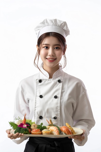 Une femme asiatique en uniforme de chef tenant une assiette de nourriture générative ai