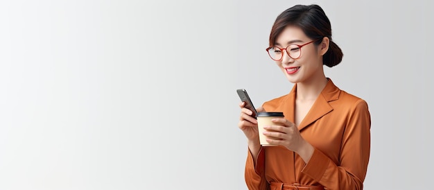 Femme asiatique utilisant une application pour smartphone tout en tenant un café et portant des lunettes isolées sur fond blanc