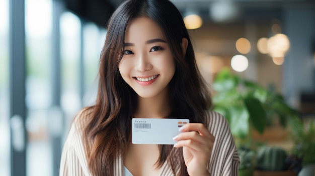 Une femme asiatique utilise une carte de crédit pour payer ses achats en ligne