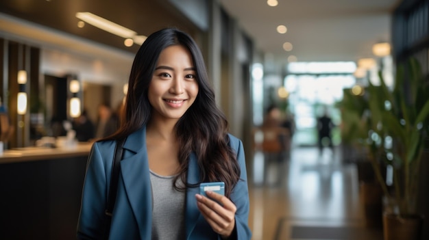 Une femme asiatique utilise une carte de crédit pour payer ses achats en ligne