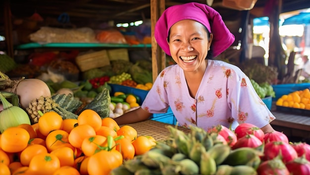 Femme asiatique vendant des fruits et légumes au marché