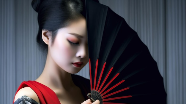 Femme asiatique avec ventilateur traditionnel et maquillage AI générative