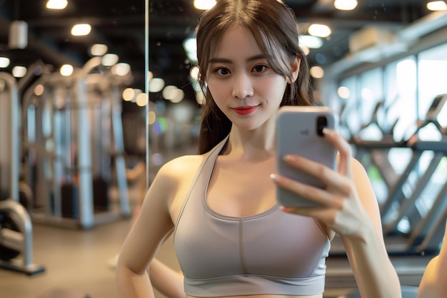Une femme asiatique en vêtements de sport un corps mince et beau prend des selfies dans la salle de sport