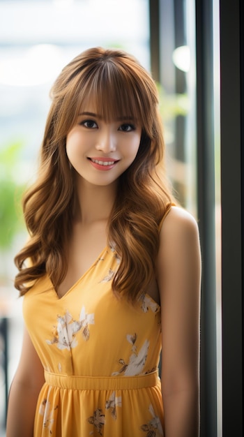 Une femme asiatique vêtue d'une robe jaune souriant sur un fond flou