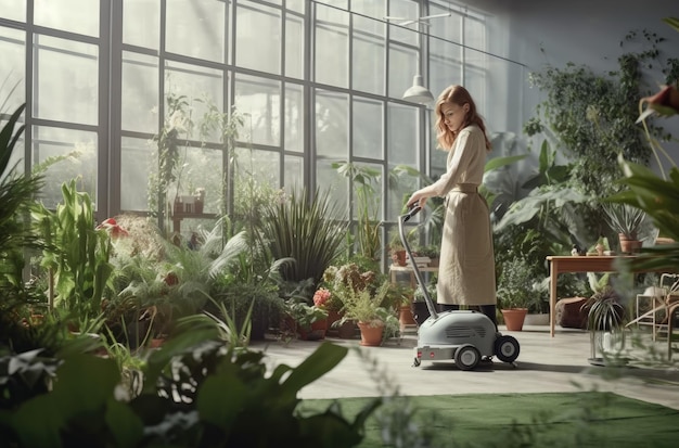 Une femme aspire le sol dans une pièce pleine de plantes.