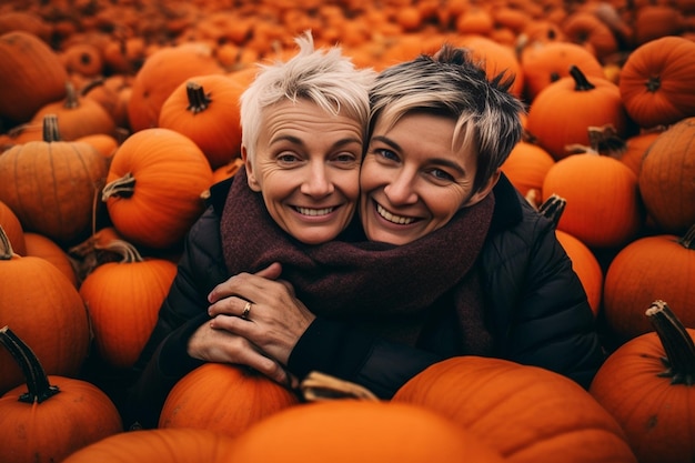 Une femme assez mince en robe rouge d'automne posant avec son petit fils sur le feu de citrouilles AI générative