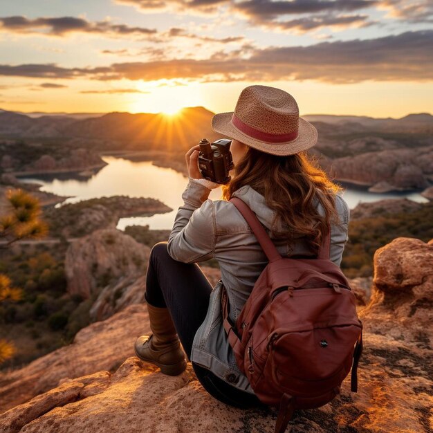 une femme assise au sommet d'une montagne prenant une photo