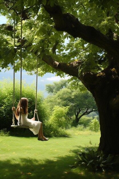 Une femme assise sur une balançoire sur un arbre