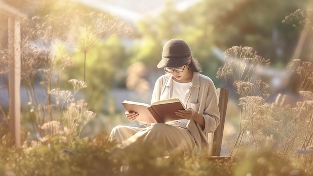 Une femme assise sur un banc lit un livre.