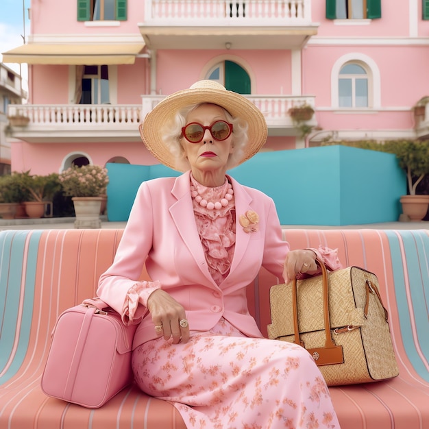 Photo une femme assise sur un banc avec un sac