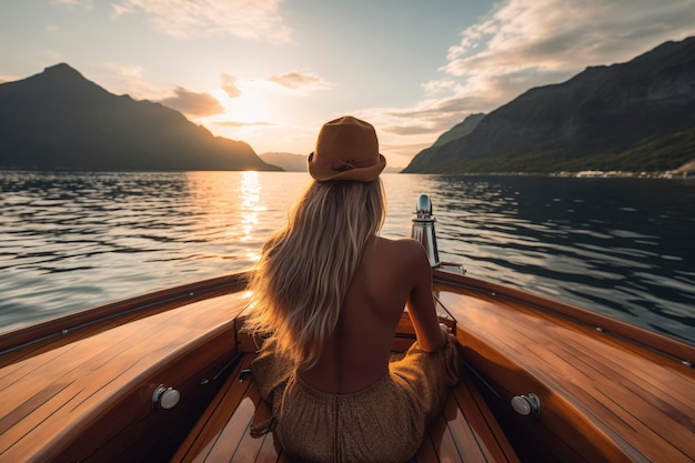 Photo une femme assise sur un bateau en bois face au coucher du soleil
