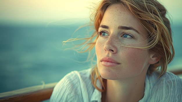 Une femme assise sur un bateau regarde vers l'horizon.