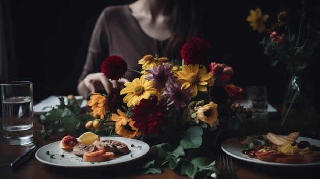 Femme assise avec un bouquet de fleurs près de la nourriture sur la table à manger Illustration AI GenerativexA