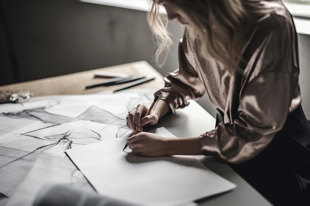 Une femme assise à un bureau dessine une fleur.