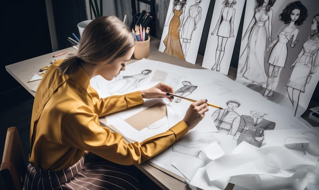 Une femme assise à un bureau dessine une robe.