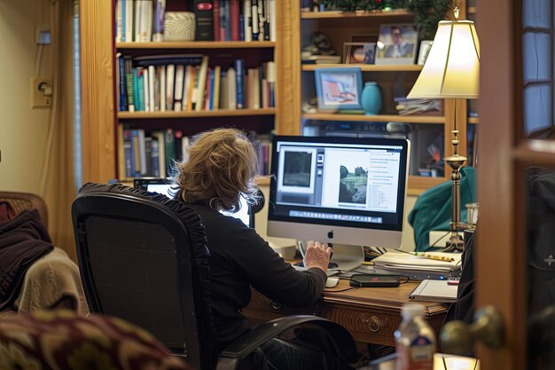 Une femme assise à un bureau devant un ordinateur