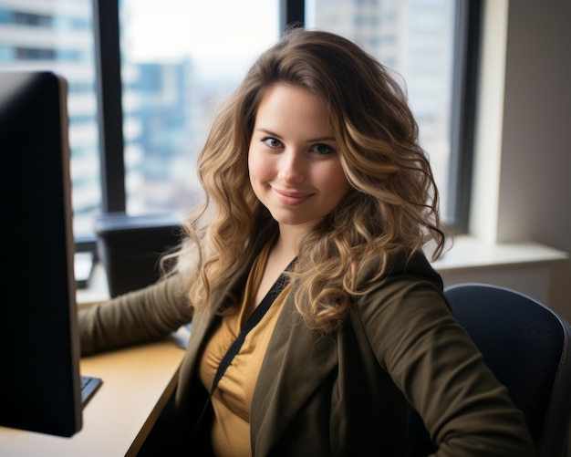 une femme assise à un bureau devant un ordinateur