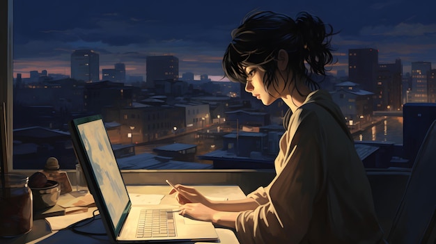 Une femme assise à un bureau utilisant un ordinateur portable IA générative