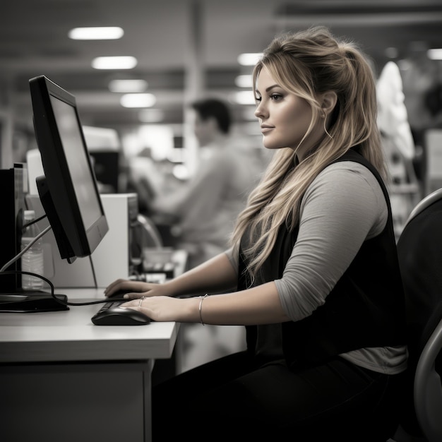 une femme assise à un bureau utilisant un ordinateur