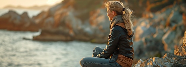 Une femme assise sur des cailloux.