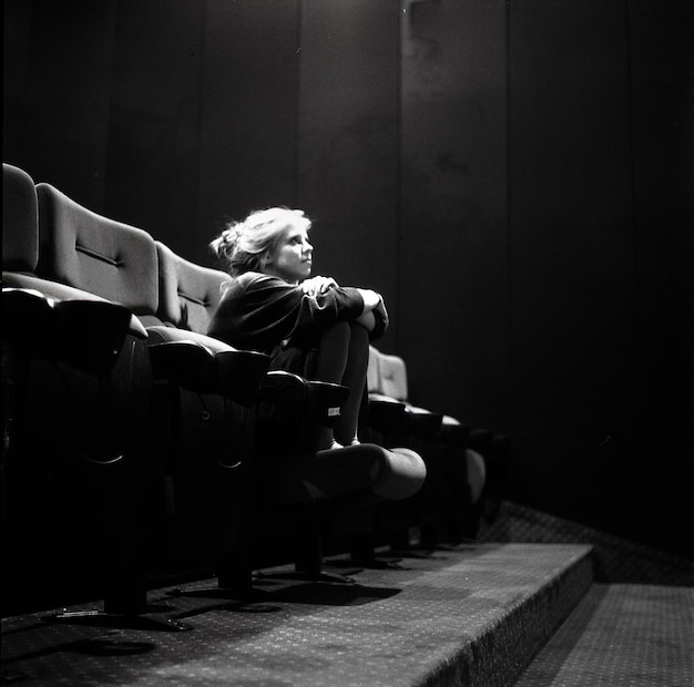 Photo une femme assise sur le canapé dans la chambre noire.