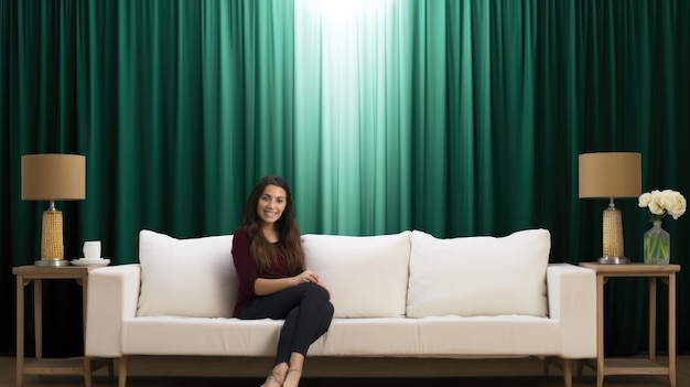 femme assise sur un canapé HD 8K fond d'écran Stock image photographique