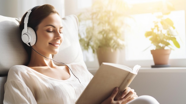 Une femme assise sur un canapé et lisant un livre avec des écouteurs à la recherche d'un fond blanc pur et détendu.