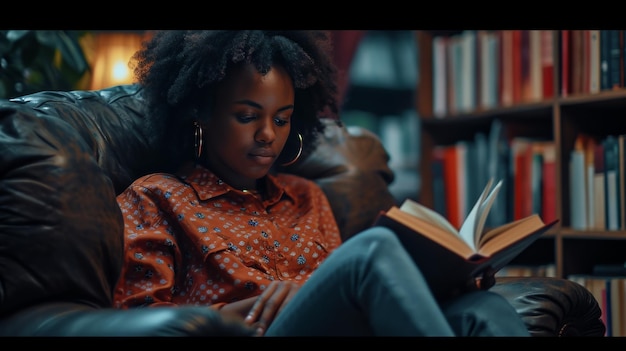 Une femme assise sur un canapé lisant un livre Journée mondiale du livre