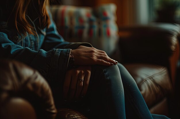 Photo une femme assise sur un canapé avec ses mains sur ses genoux