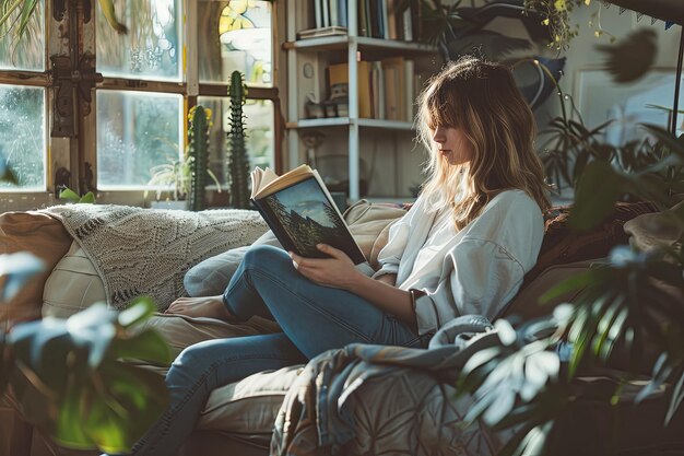Une femme assise sur un canapé en train de lire un livre.
