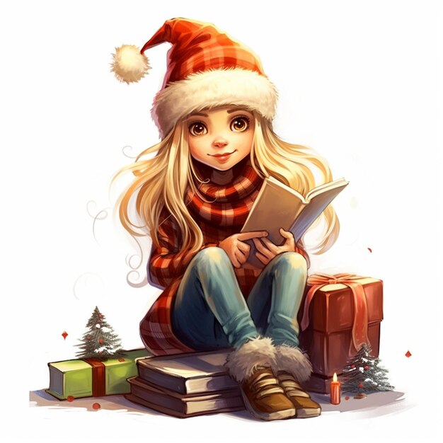 une femme assise sur une chaise lisant un livre avec un chapeau de Noël génératif ai