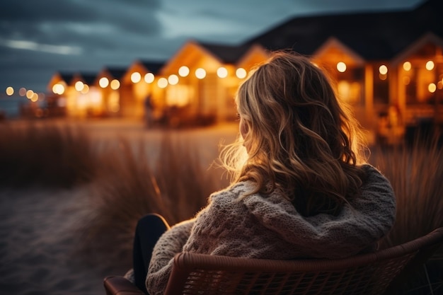 Femme assise sur une chaise de plage sur une côte nord avec des lumières du soir