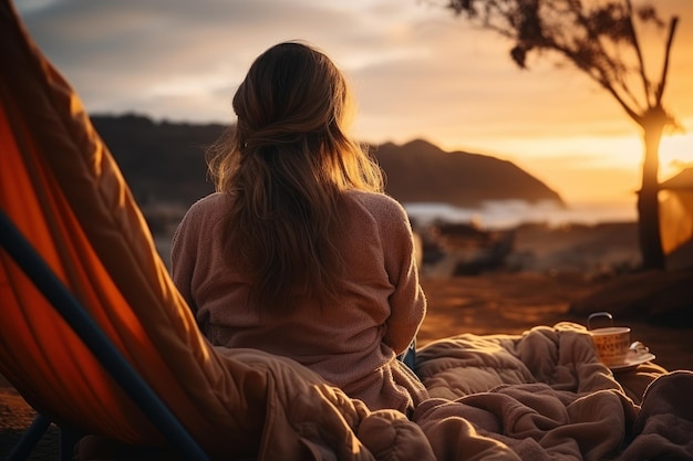 Femme assise sur une chaise de plage sur une côte nord avec des lumières du soir