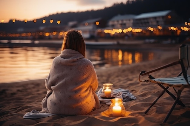 Femme assise sur une chaise de plage sur une côte nord avec des lumières du soir
