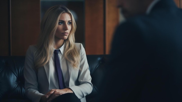 femme assise confortablement dans le bureau avec l'outil sur sa main