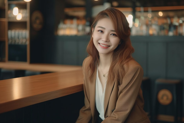 Une femme assise dans un bar porte un blazer et une veste marron.