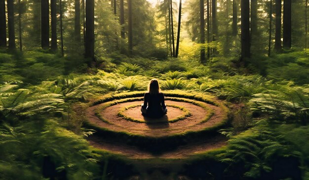 Une femme assise dans les bois entourée de fougères et d'arbres