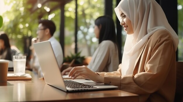 Femme assise dans un café et tapant sur un ordinateur portable Travaillant ou étudiant un concept en ligne