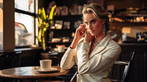 Une femme assise dans un café.