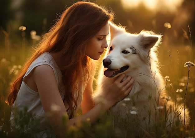 Une femme assise dans un champ avec un chien