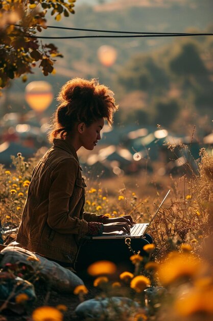 Photo une femme assise dans un champ avec un ordinateur portable