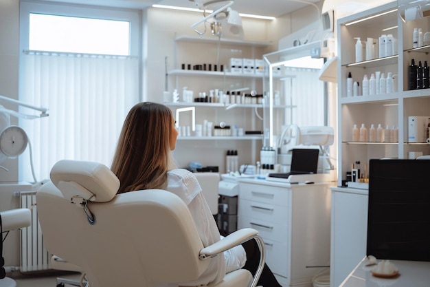 Une femme assise dans un fauteuil dans un salon de beauté blanc