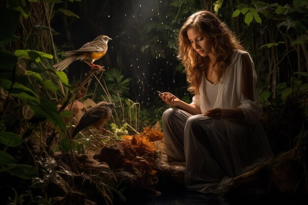 Une femme assise dans une forêt qui regarde son téléphone.